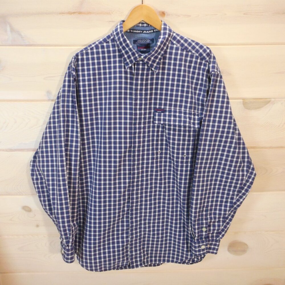 Vintage Tommy Jeans Men's L Plaid Long Sleeve Button-up Shirt Blue Hilfiger Y2K